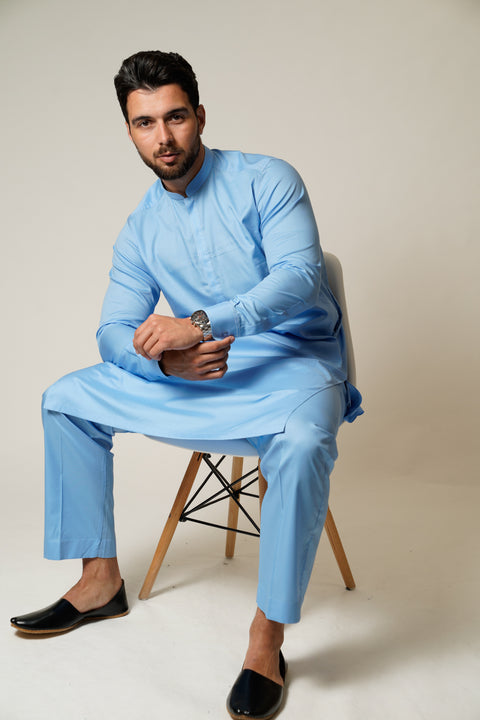 Burooj Men’s Exclusive Sky Blue Kurta with Trousers Slim Fit