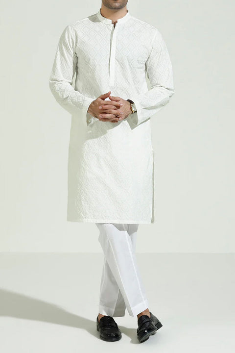 Burooj Man White Schiffli Embroidered Kurta Trouser Slim Fit