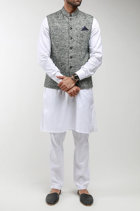 Burooj Man Green Multi Tone Wool Blend Slim Fit Men's Waistcoat