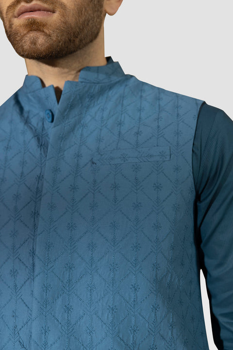 Blue Cotton Schiffli Embroidered waistcoat
