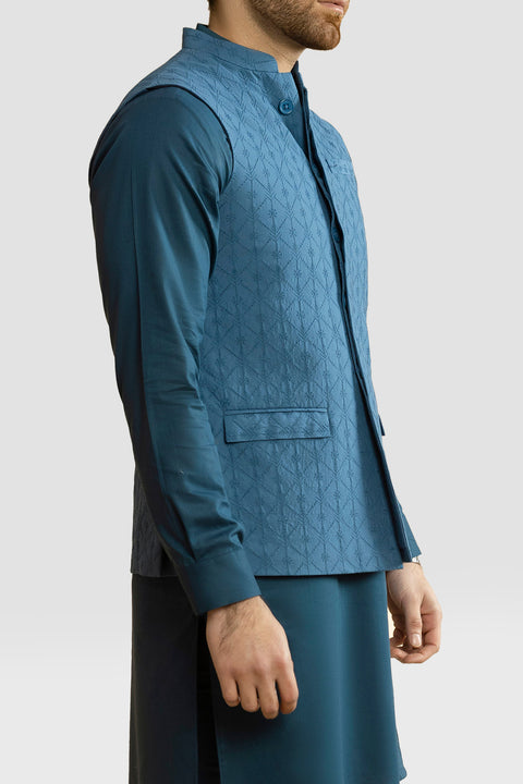 Blue Cotton Schiffli Embroidered waistcoat