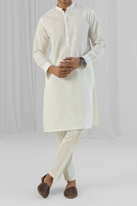 Burooj Man White Embroidered Cotton Chicken Kari Kurta Trouser Slim Fit