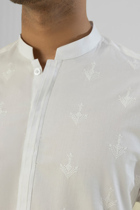 Burooj Man White Embroidered Cotton Chicken Kari Kurta Trouser Slim Fit