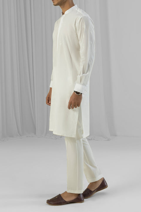 Burooj Man White Embroidered Cotton Chicken Kari Kurta Trouser Slim Fit