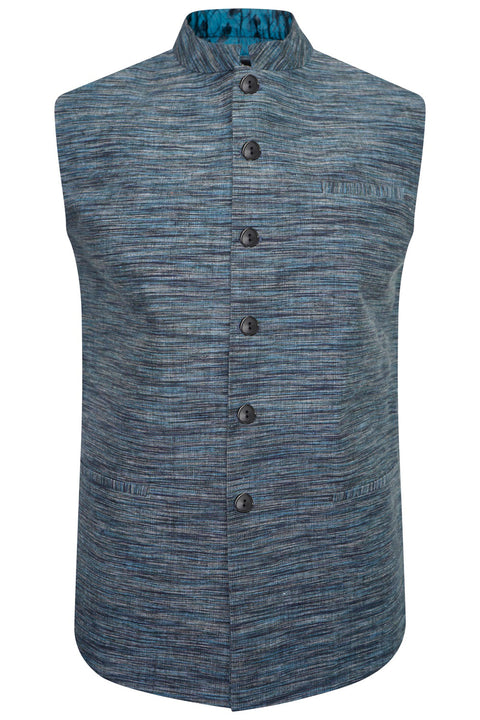 Burooj Men's Blue khaddar Stripe Waistcoat