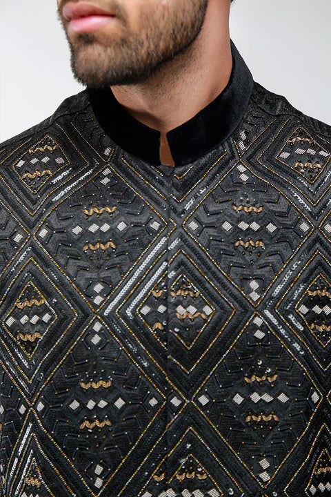 Burooj Men's Black Embellished Waistcoat