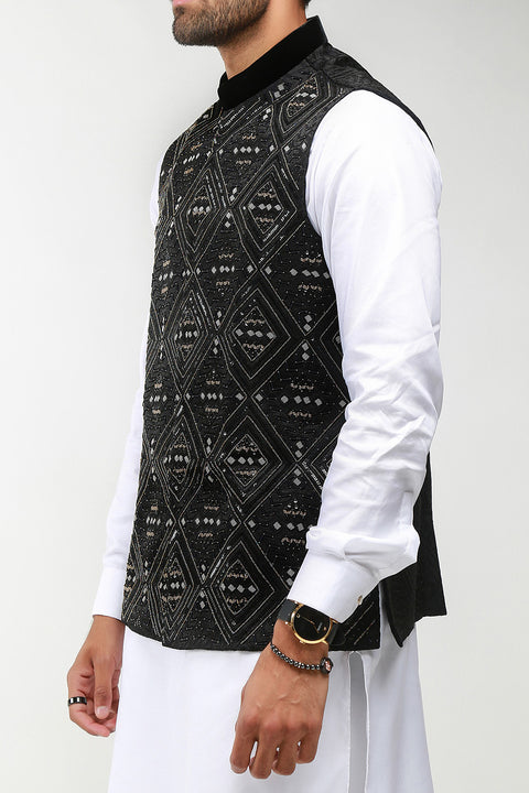 Burooj Men's Black Embellished Waistcoat