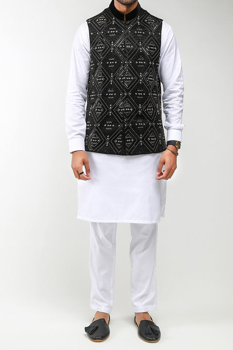 Burooj Men's Black Embellished Waistcoat