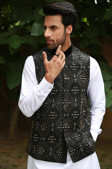 Burooj Men's Black Embellished Waistcoat