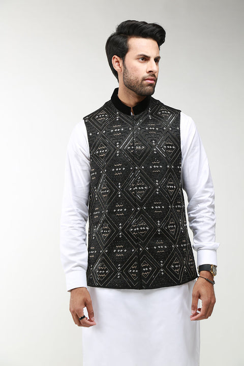 Burooj Men's Black Embellished Waistcoat