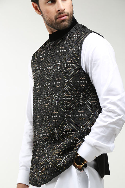 Burooj Men's Black Embellished Waistcoat