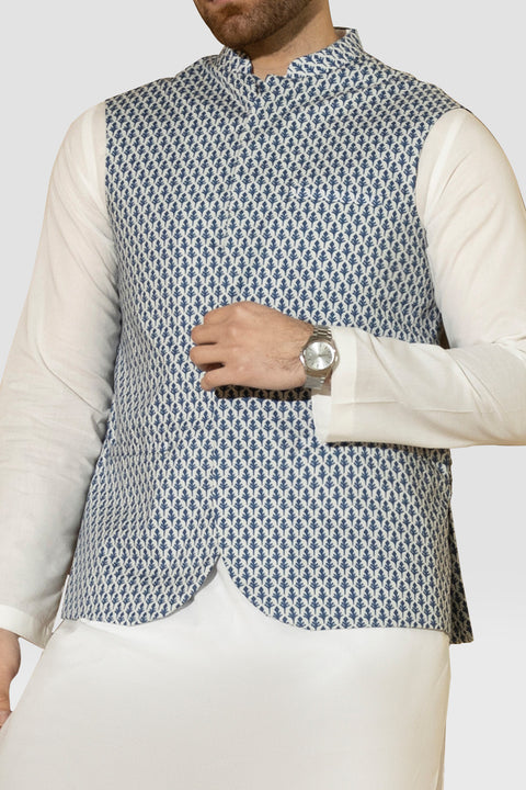 Digital Printed Blue Cotton Mens Waistcoat.