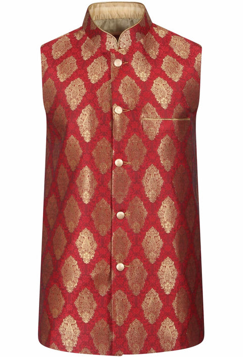 Burooj Men's Red Jamawar Men's Waistcoat