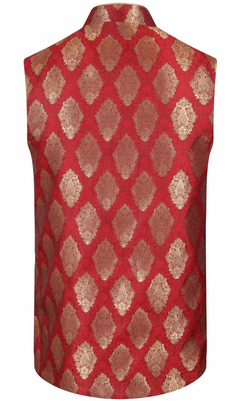 Burooj Man Red Brocade Waistcoat Back
