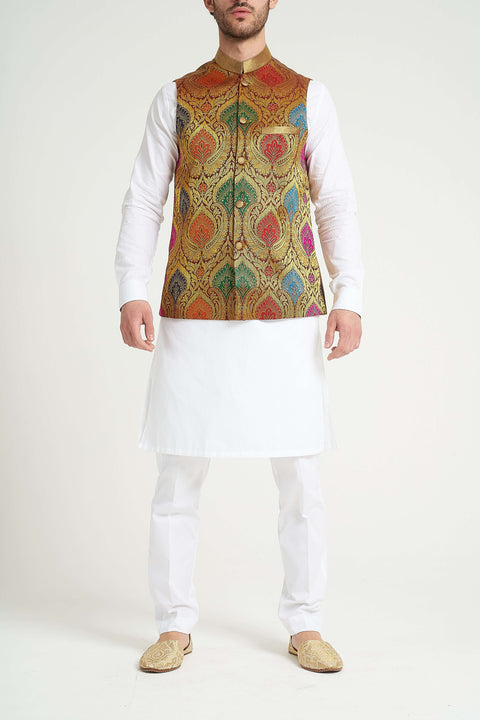 Burooj Man Golden Multi Kimkhwab Jamawar Regular Fit Waistcoat
