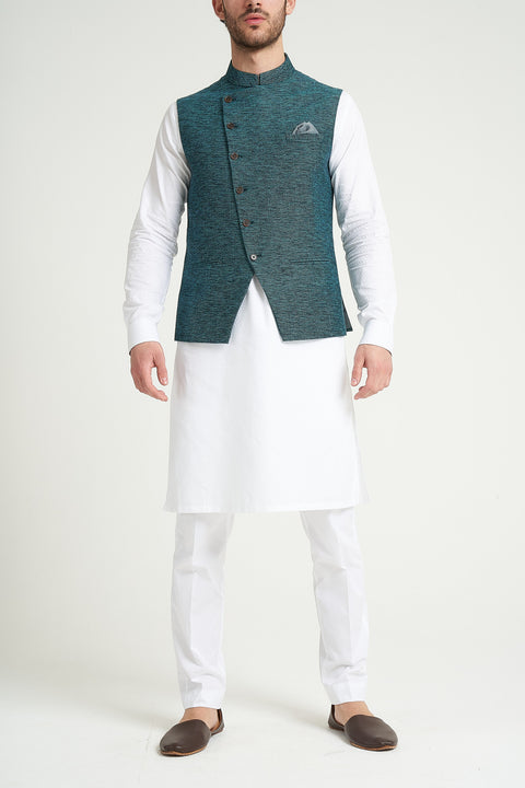 Burooj Man Teal Angle Cut Khaddar Smart Fit Men's Waistcoat