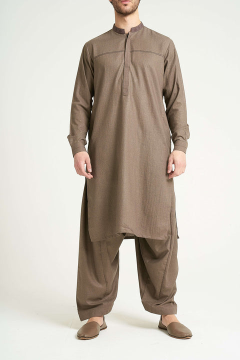 Burooj Man Brown Wool Blend Pleat Shalwar Kameez