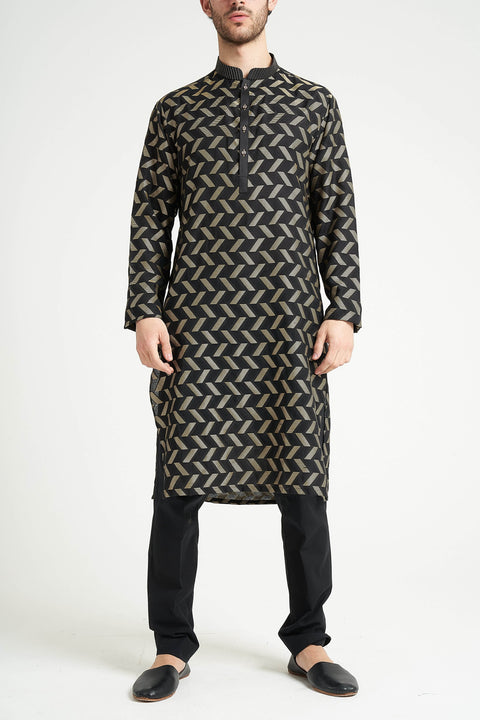 Burooj Man Black Chevron Kurta Trouser Regular Fit