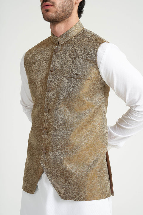 Burooj Man Bronze Self Jamawar Slim Fit Men's Waistcoat