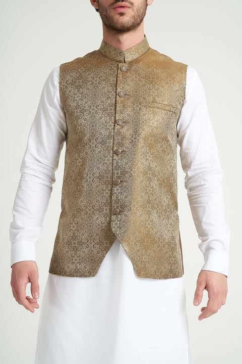 Burooj Man Bronze Self Jamawar Slim Fit Men's Waistcoat