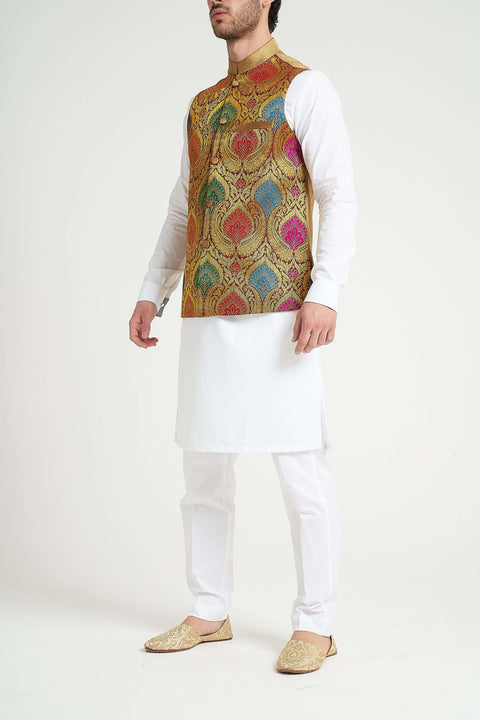 Burooj Man Golden Multi Kimkhwab Jamawar Regular Fit Waistcoat