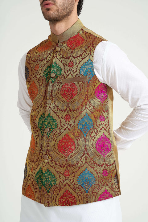 Burooj Man Golden Multi Kimkhwab Jamawar Regular Fit Waistcoat