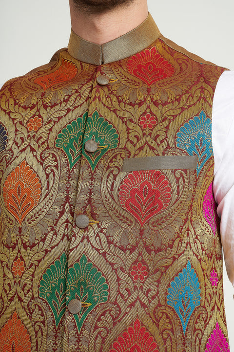 Burooj Man Golden Multi Kimkhwab Jamawar Regular Fit Waistcoat