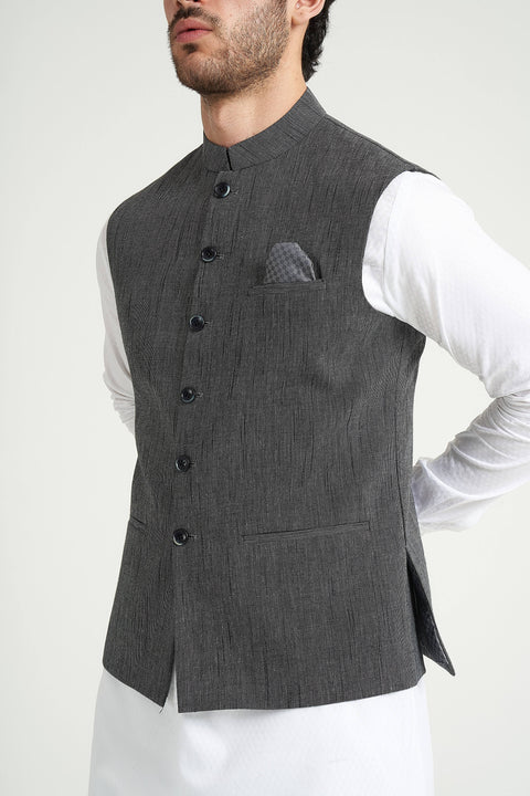 Burooj Man Grey Matrix Khaddar Slim Fit Men's Waistcoat