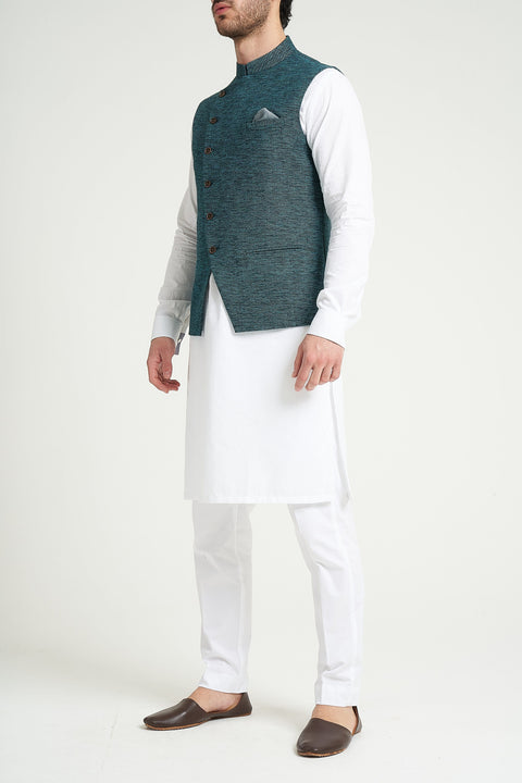 Burooj Man Teal Angle Cut Khaddar Smart Fit Men's Waistcoat