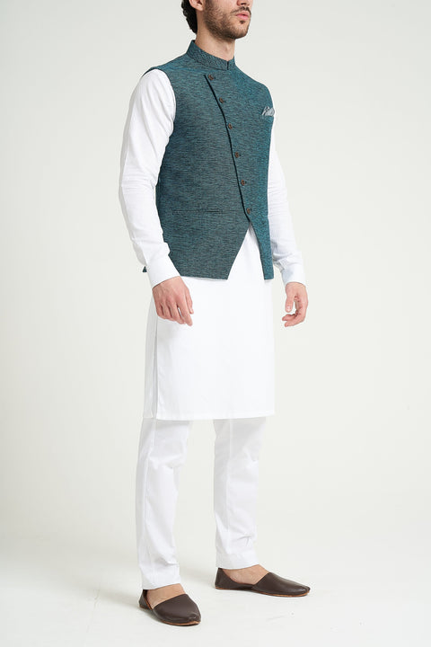 Burooj Man Teal Angle Cut Khaddar Smart Fit Men's Waistcoat