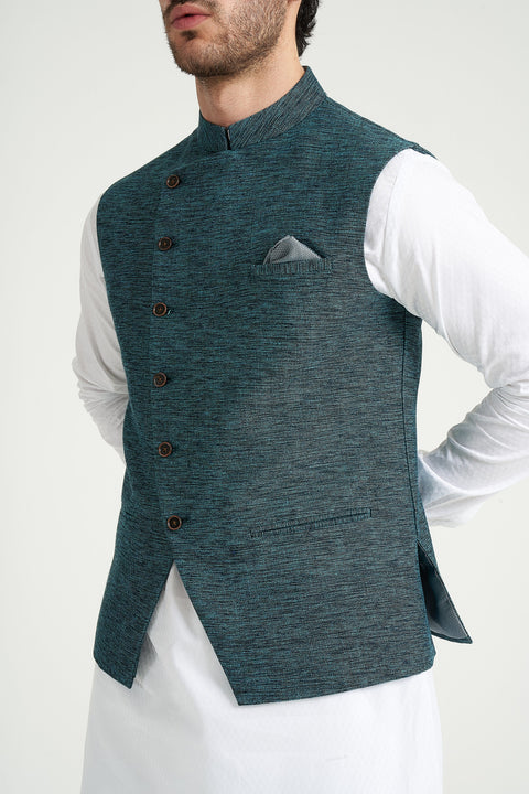 Burooj Man Teal Angle Cut Khaddar Smart Fit Men's Waistcoat