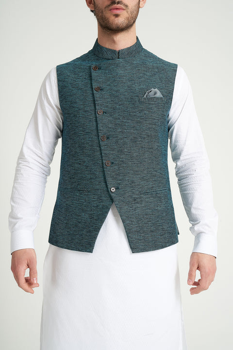 Burooj Man Teal Angle Cut Khaddar Smart Fit Men's Waistcoat
