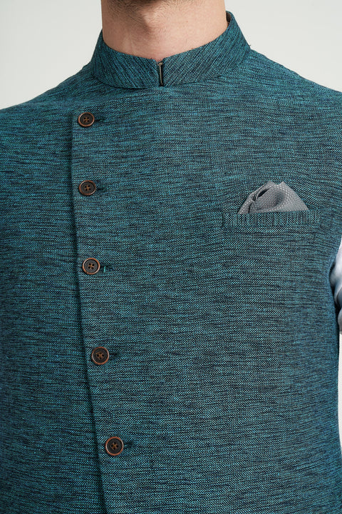 Burooj Man Teal Angle Cut Khaddar Smart Fit Men's Waistcoat