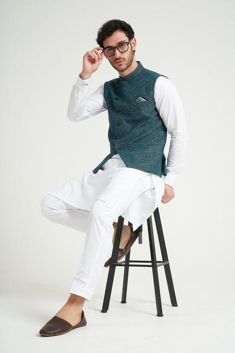 Burooj Man Teal Angle Cut Khaddar Smart Fit Men's Waistcoat