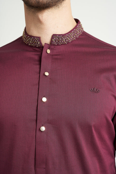 Burooj Man Burgundy Herringbone Premium Kurta Trouser Tailored Fit