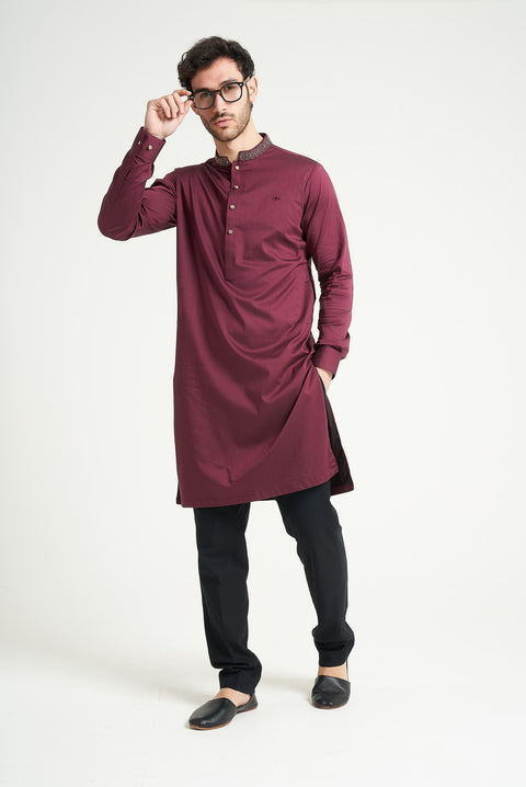 Burooj Man Burgundy Herringbone Premium Kurta Trouser Tailored Fit