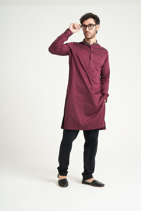Burooj Man Burgundy Herringbone Premium Kurta Trouser Tailored Fit