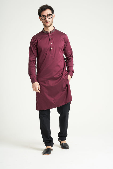 Burooj Man Burgundy Herringbone Premium Kurta Trouser Tailored Fit