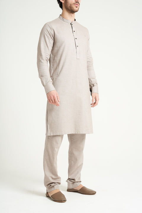 Burooj MAN Sand Herringbone Kurta/Trouser Tailored Fit