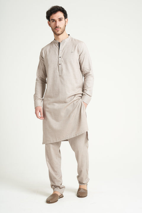 Burooj MAN Sand Herringbone Kurta/Trouser Tailored Fit