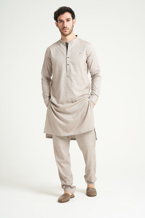 Burooj MAN Sand Herringbone Kurta/Trouser Tailored Fit