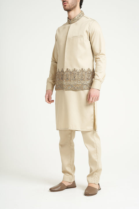 Burooj Man Exclusive Premium Formal Beige Hand Embroidered Waistcoat