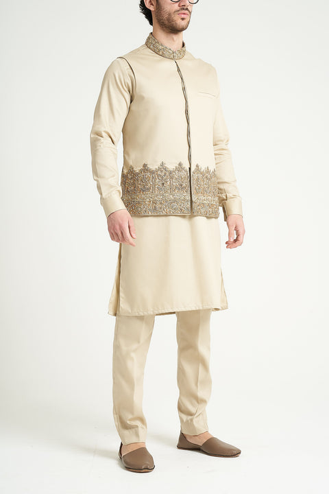Burooj Man Exclusive Premium Formal Beige Hand Embroidered Waistcoat