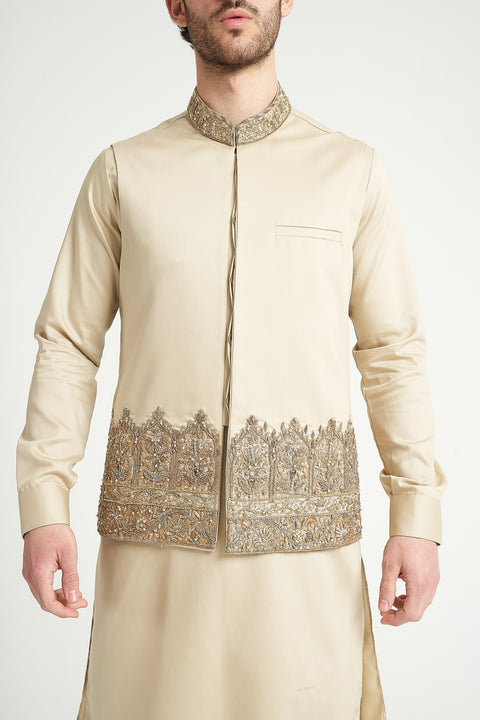 Burooj Man Exclusive Premium Formal Beige Hand Embroidered Waistcoat