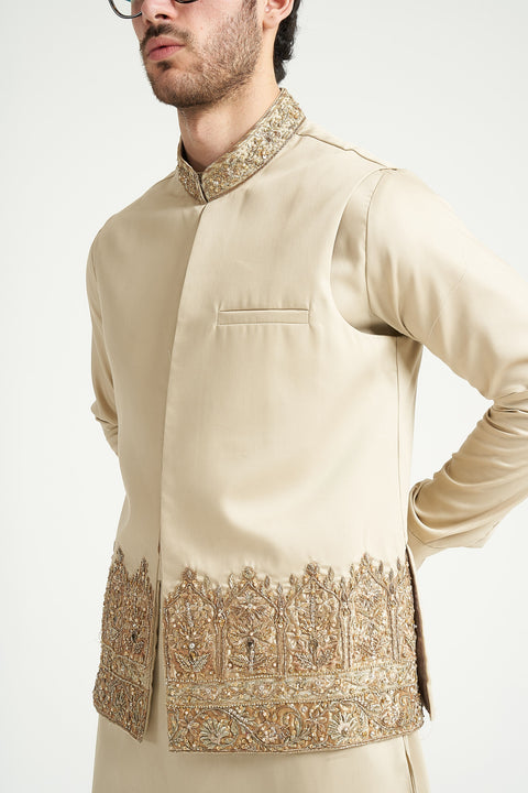 Burooj Man Exclusive Premium Formal Beige Hand Embroidered Waistcoat