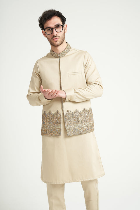Burooj Man Exclusive Premium Formal Beige Hand Embroidered Waistcoat