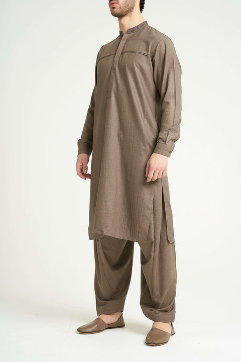 Burooj Man Brown Wool Blend Pleat Shalwar Kameez