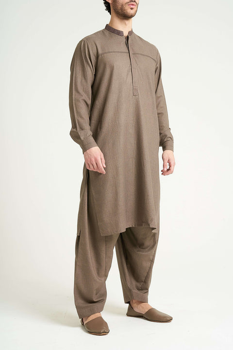 Burooj Man Brown Wool Blend Pleat Shalwar Kameez