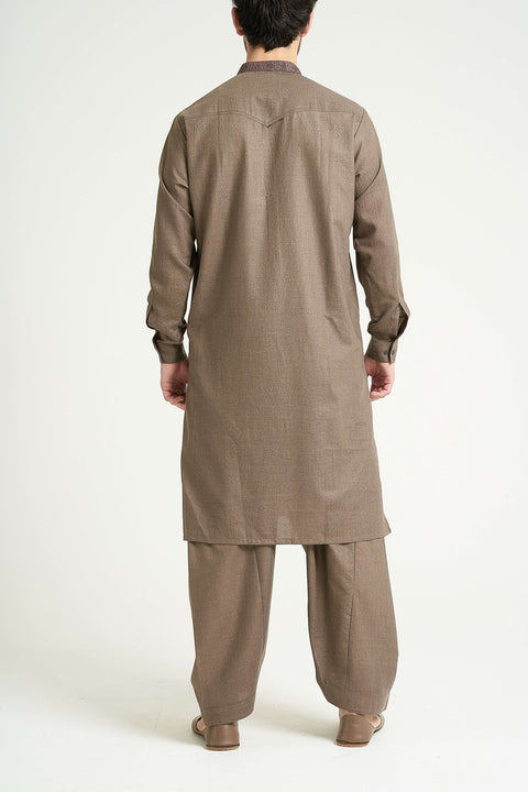 Burooj Man Brown Wool Blend Pleat Shalwar Kameez