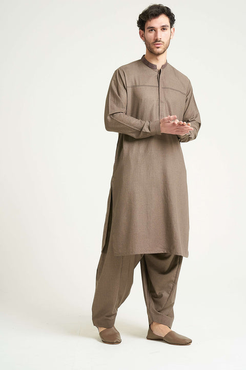 Burooj Man Brown Wool Blend Pleat Shalwar Kameez